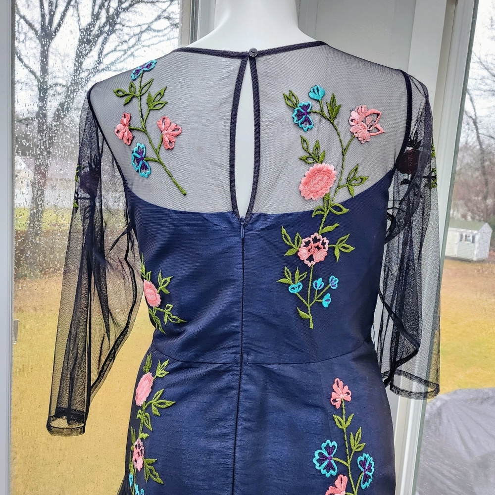 Wayward Fancies Floral Embroidery Black Sheer Tiered Tulle & Blue Dupioni Dress - Picture 6 of 16